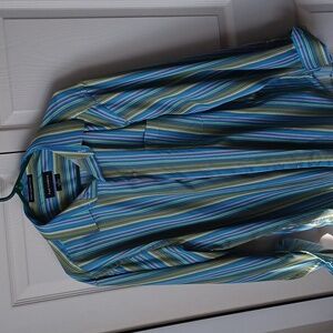 Paul Fredrick Men's Striped Blue and Green Shirt